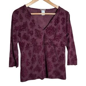 🩷 Vintage Cortelle Women L burgundy velvet burnt out paisley print 3/4 sleeve